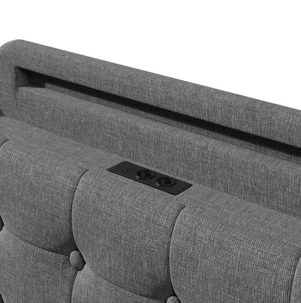 Letto imbottito ULEVR 140x200 cm con contenitore idraulico, LED, USB e Type-C, lino grigio