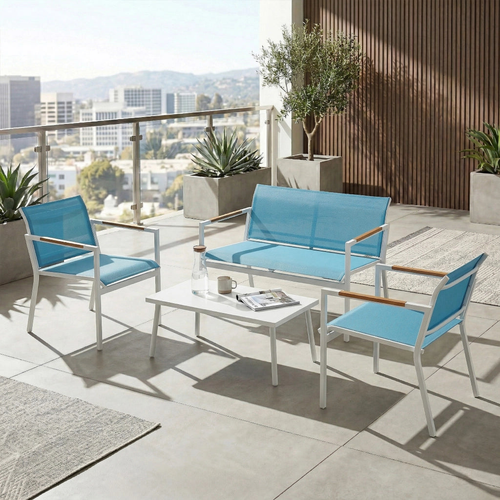 Set Giardino 4 Posti Divano con Poltrone e Tavolo in Metallo ¨C zephmum ¨C Blu