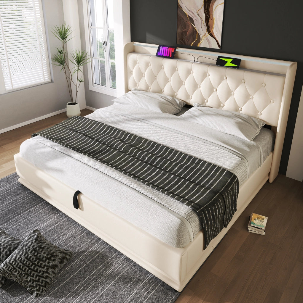 Letto matrimoniale 140x190 cm; LED e USB; PU; bianco (Senza materasso)