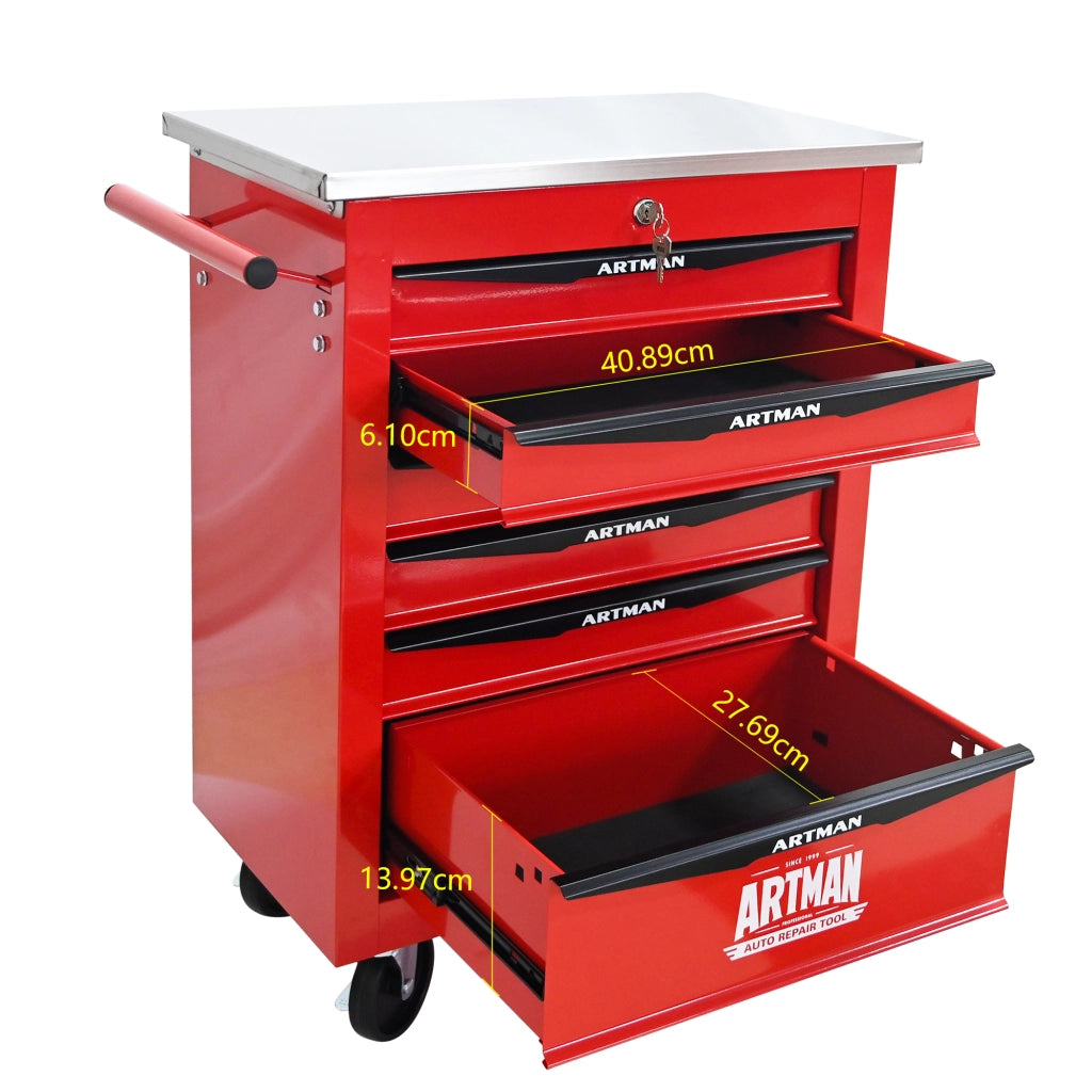 Carrello portautensili con 6 cassetti e ruote, chiudibile, in acciaio, per garage e officina, rosso nero, 62,5 × 34,5 × 78 cm