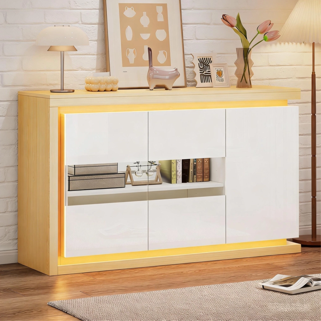 Madia bianca 140 x 40 x 84 cm con 3 ante; LED; vetro temperato e divisori regolabili