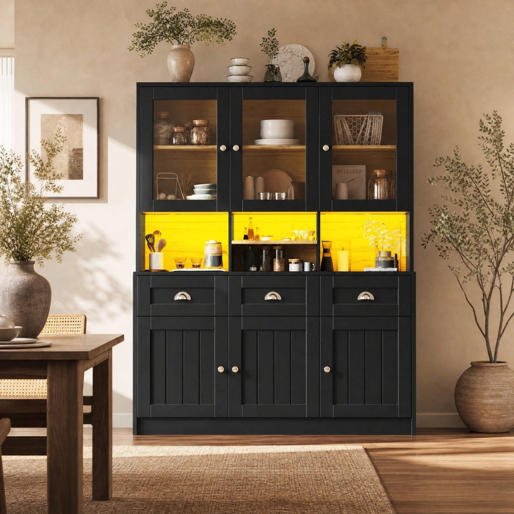 Mobile da cucina con LED, ante acriliche e cassetti nero