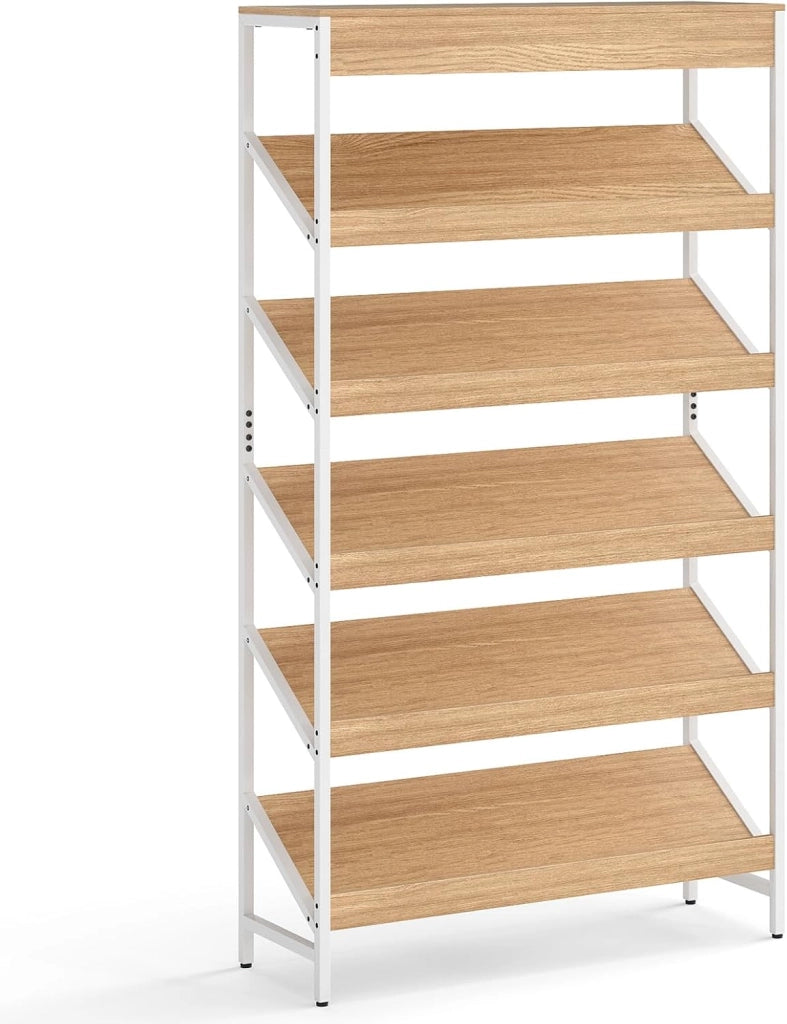 Libreria a 6 livelli con ripiani inclinati e protezione antiribaltamento, 90 x 30 x 161 cm, scaffale per soggiorno, ufficio, studio (natura)