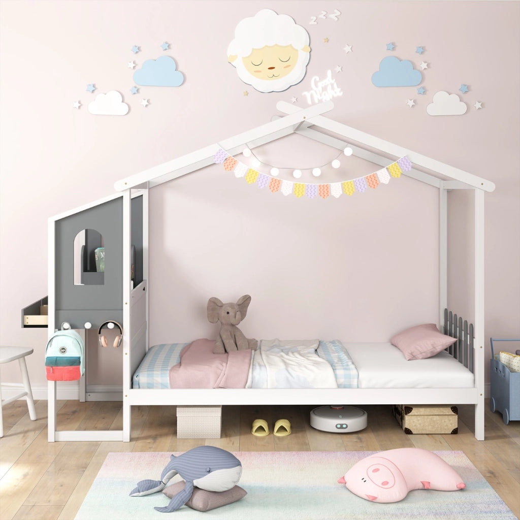 Letto singolo con tetto e staccionata, Letto a piattaforma in legno 253 x 102 x 193 cm, portata 150 kg-Lettini per bimbi