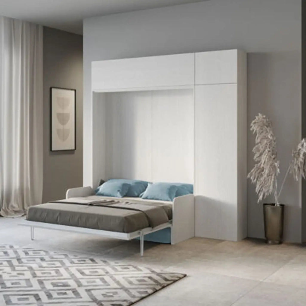 Letto matrimoniale a scomparsa 160 Kentaro con divano e mobili bianco frassino, azzurro