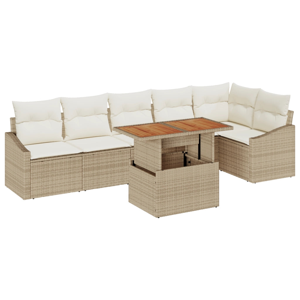 Set di Divani da Giardino da 7 Pezzi con Cuscini Beige Rattan Poliestere
