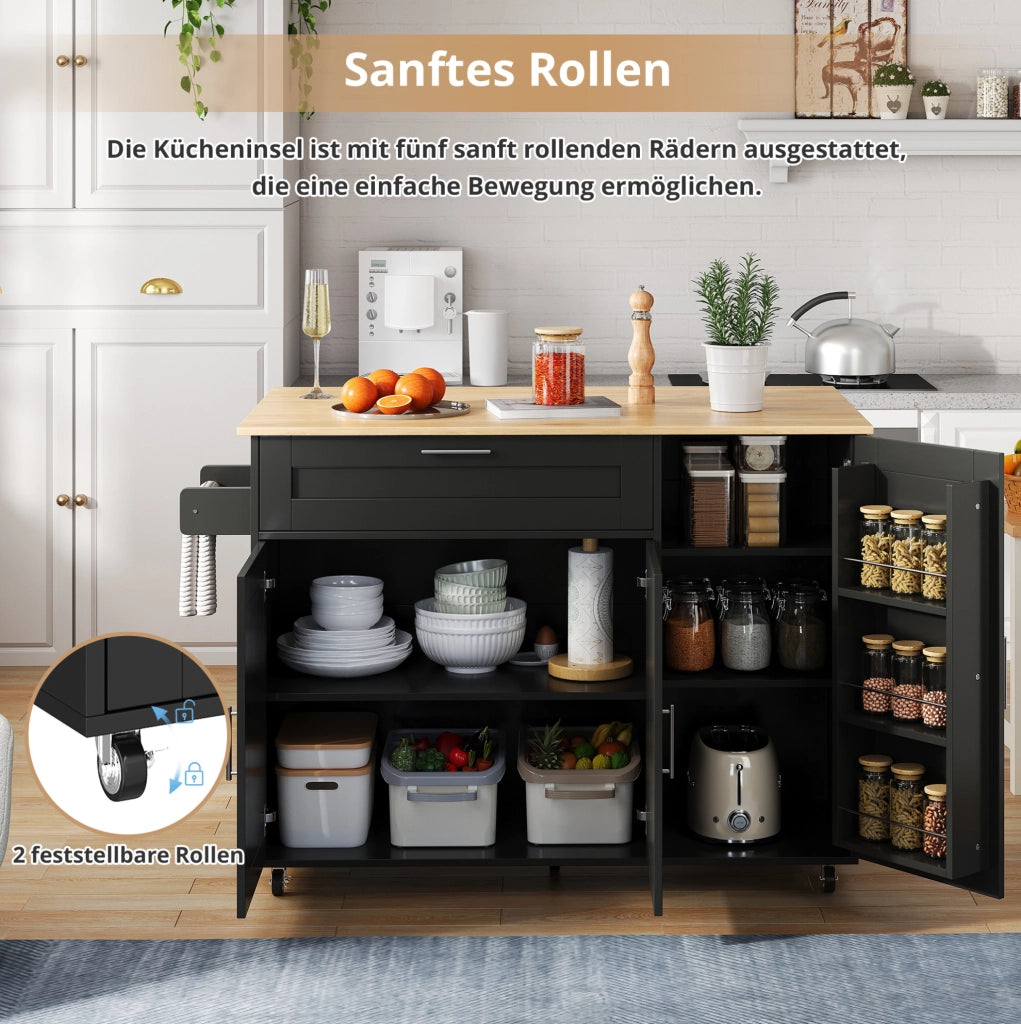 Isola da cucina mobile pieghevole 132;5x44(70)x90 cm in MDF Nero/Naturale