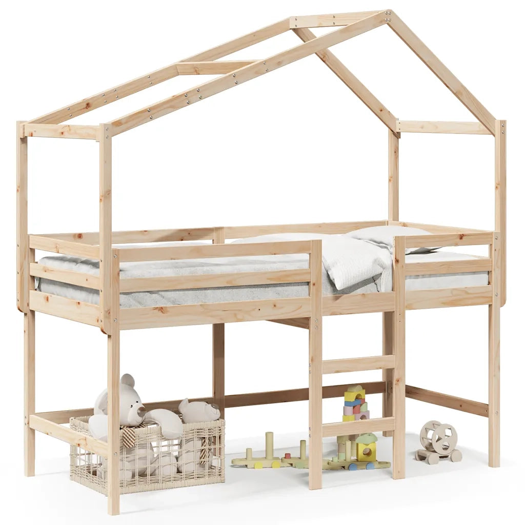 Letto Soppalco con Scala e Tetto 90x190 cm Legno Massello Pino