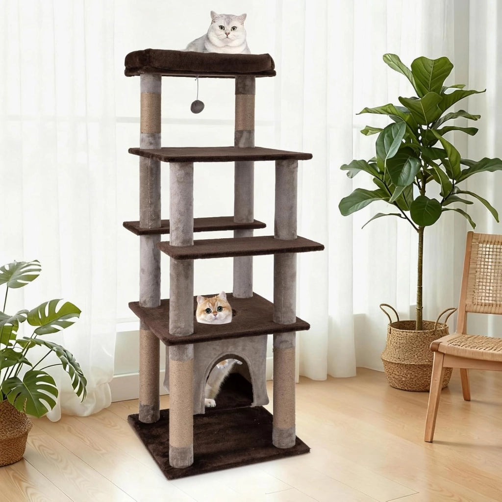 Albero per Gatti Alto 148 cm, Tiragraffi per Gatti con Condo Aereo Oscillante, Cuccia Morbida, Tiragraffi, Foro e Pompon e Piattaforme, Mobile da Arrampicata Interna