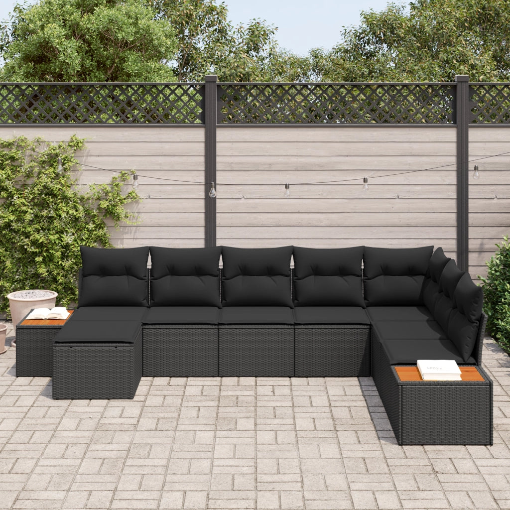 Set Divani da Giardino 8 Pezzi con Cuscini Nero Polyrattan Acacia