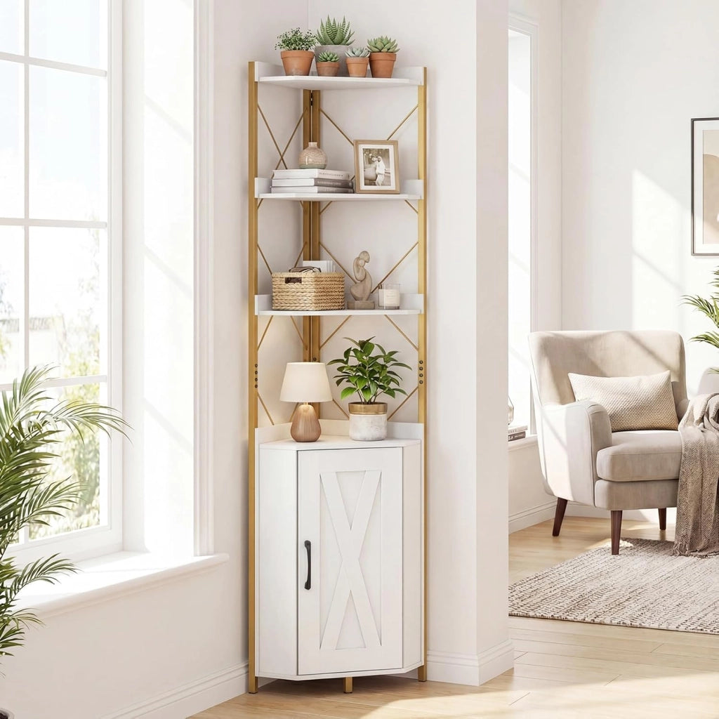 Mensola angolare in piedi con armadio e 6 livelli, 180 cm alto con ripiano regolabile a 5 livelli, vetrina angolare indipendente con porta, scaffale industriale (bianco)