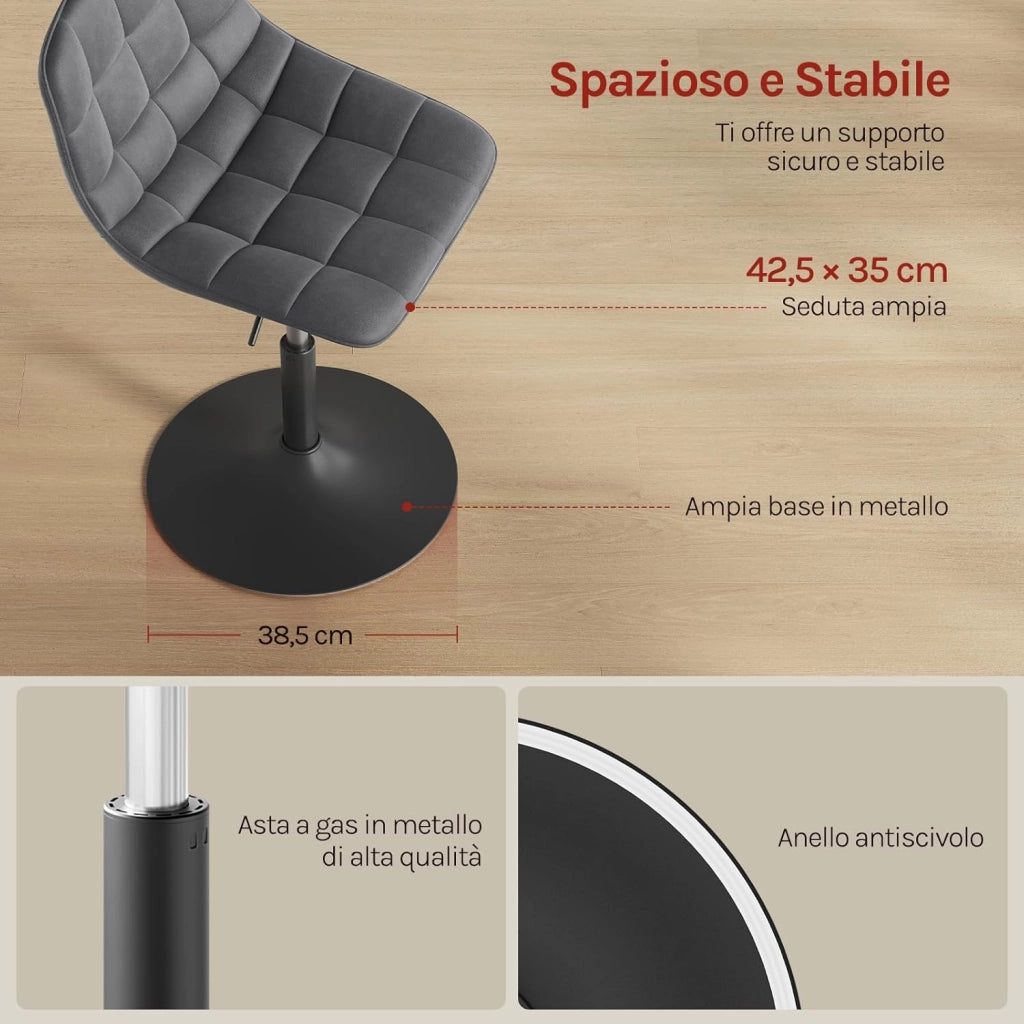 Sgabello da Trucco Sedia Alta da Cucina con Schienale Altezza Regolabile Girevole 360° in Velluto Grigio Scuro, 38-49.5cm