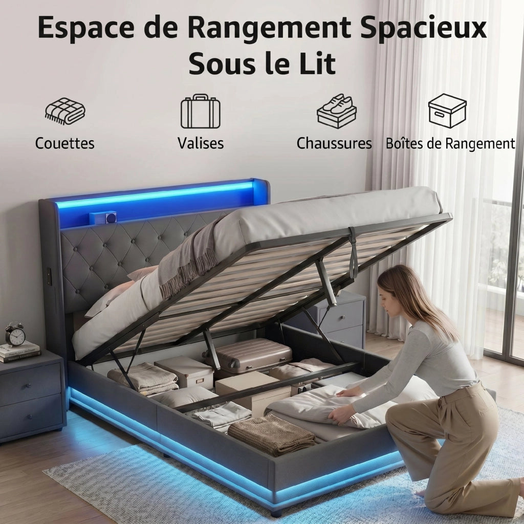 Letto contenitore imbottito con testiera e luce LED ¨C zephmum ¨C 140x190 cm grigio con contenitore idraulico