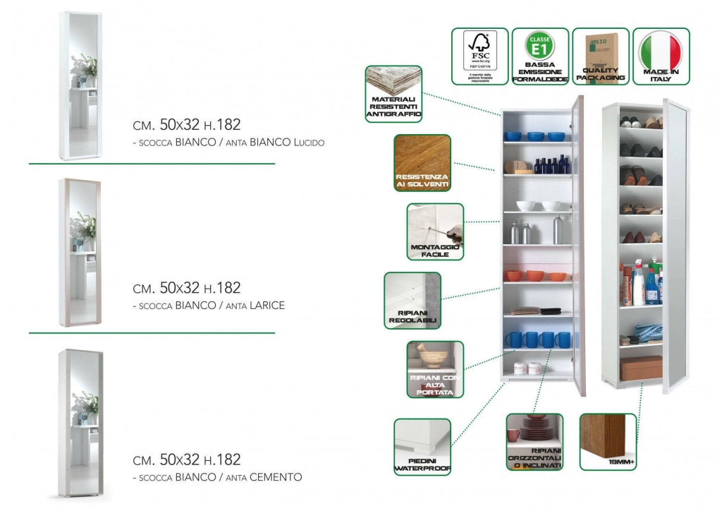Mobile Portascarpe Asiago, Scarpiera 7 Ripiani Made in Italy, 50x32x182h cm Bianco