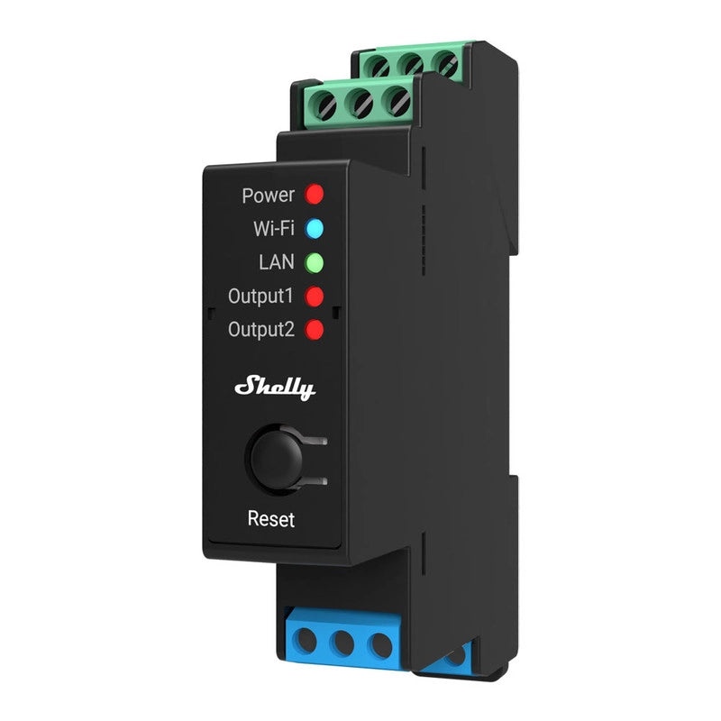 SHELLY PRO 2PM rel√® montabile su guida DIN. 2 canali. Wi-Fi. LAN e Bluetooth. controllo tapparelle. controllo consumi