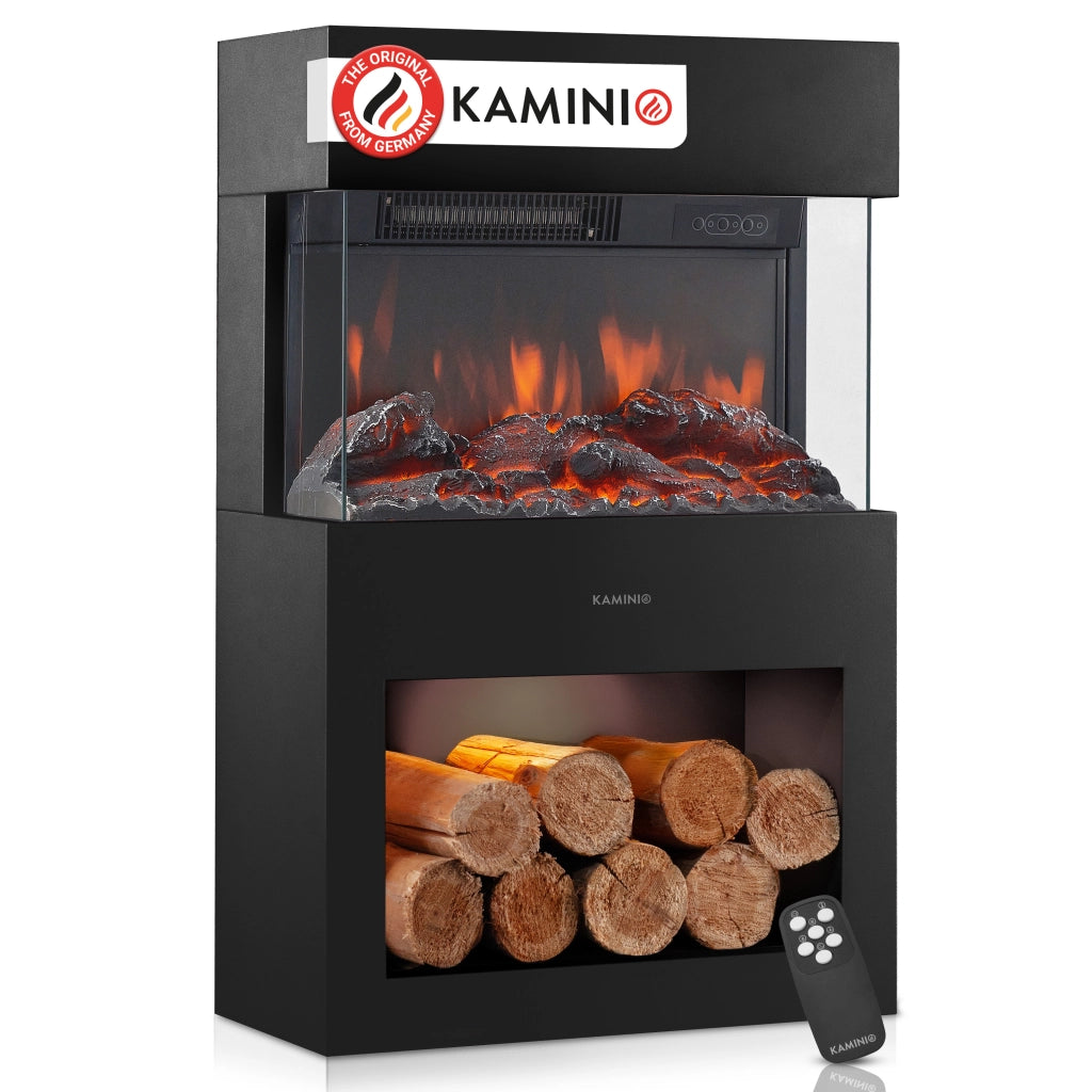 KAMINIO Camino elettrico HENRI - Stufa elettrica con riscaldamento, effetto fiamma 3D, luce ambiente a LED, scomparto de legno, telecomando - Nero