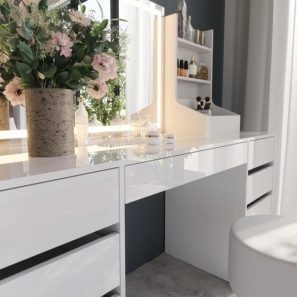 Tavolo da toeletta Sherry, Bianco/bianco lucido, 158.2 cm 4 parti