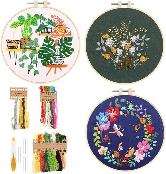 Kit di partenza per il ricamo - Set di 3 - Pannelli e istruzioni - Gamma completa - Aghi per ricamo - Set di fili colorati - Attrezzatura - Per principianti