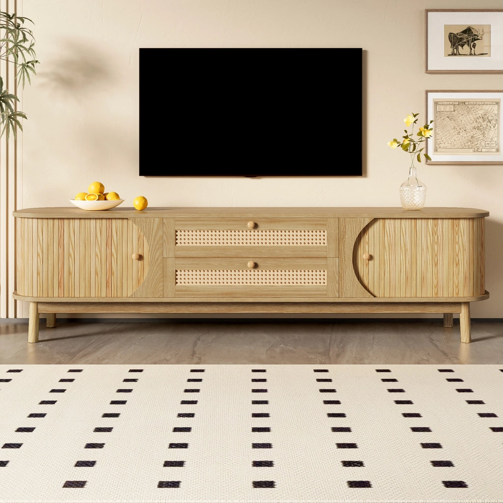 OKWISH Mobile TV con Ante e Cassetti, Frontali Effetto Rattan, Stile Naturale per Soggiorno, MDF e Legno Massello, 170×39,5×46 cm