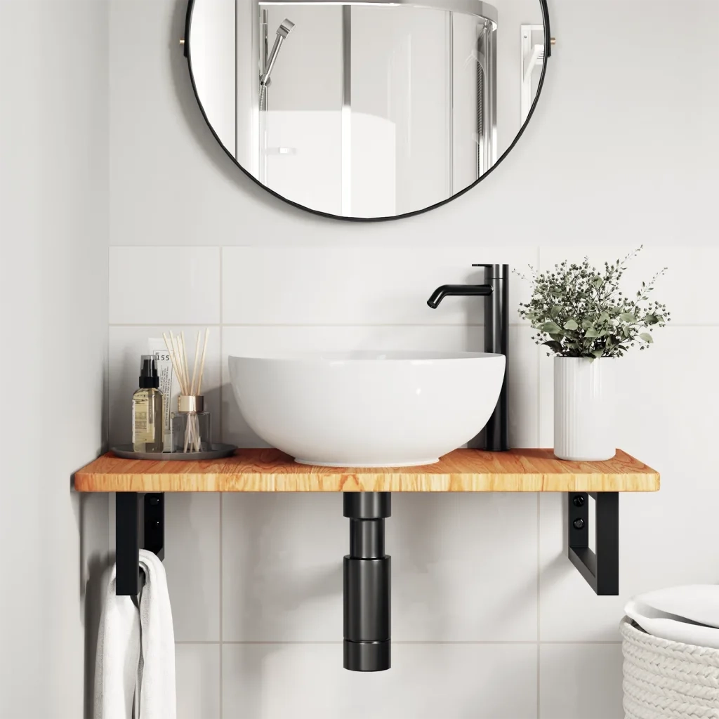 Ripiano a Parete per Lavabo in Acciaio e Massello di Rovere 3302337