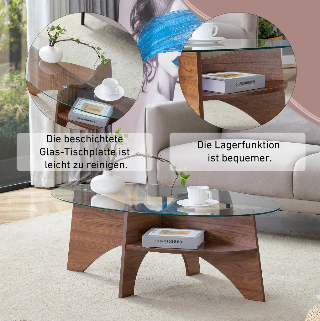 Tavolino da caffè ovale in vetro di sicurezza e MDF color noce con ripiano inferiore