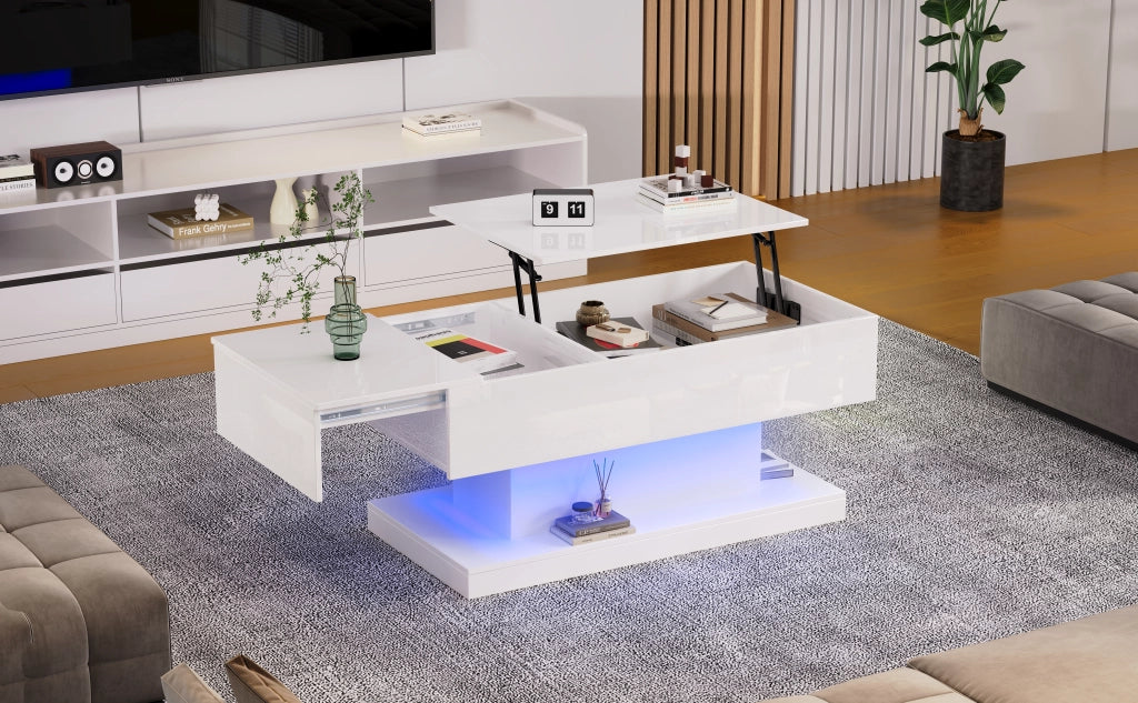 Tavolino da salotto sollevabile bianco lucido con luci led e contenitore 100x50 cm