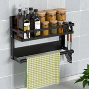 Kruidenrek perpendicolare con supporto per carta da cucina e 4 ganci, supporto per cucina senza perforazione, in acciaio inossidabile, appendiabiti per cucina e bagno, nero