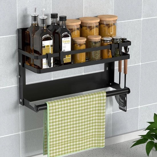 Kruidenrek perpendicolare con supporto per carta da cucina e 4 ganci, supporto per cucina senza perforazione, in acciaio inossidabile, appendiabiti per cucina e bagno, nero