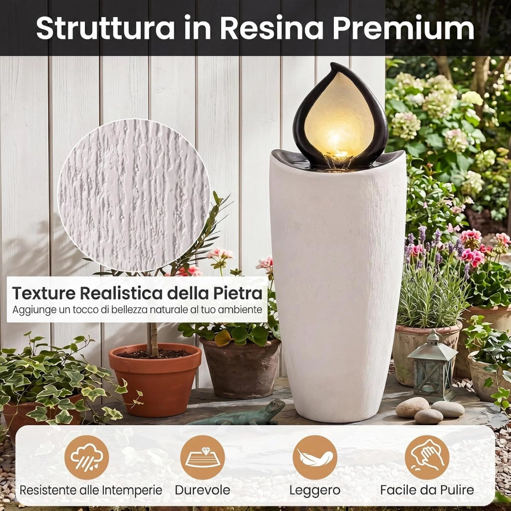 Fontana da Giardino con Luci, Fontanella Decorativa con Pompa e 4 Luci LED, Effetto Pietra, Sistema di Acqua Circolante da Esterno, Fontana Resistente in Resina per Cortile e Terrazzo