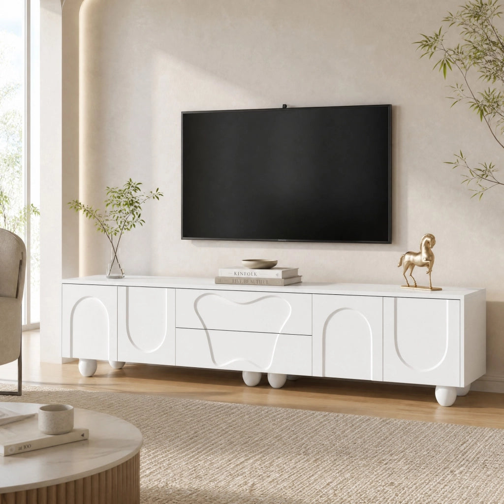 Mobile TV bianco 180 cm con gambe in legno massello, design moderno con ampio spazio contenitivo