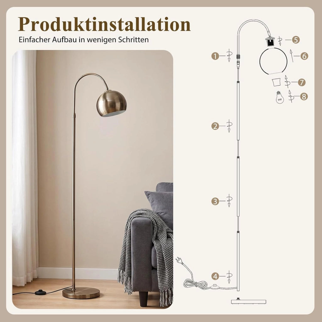 ZMH Lampada da Terra ad Arco E27 Bronzo Antico Altezza Regolabile 160cm per Soggiorno Senza Lampadina