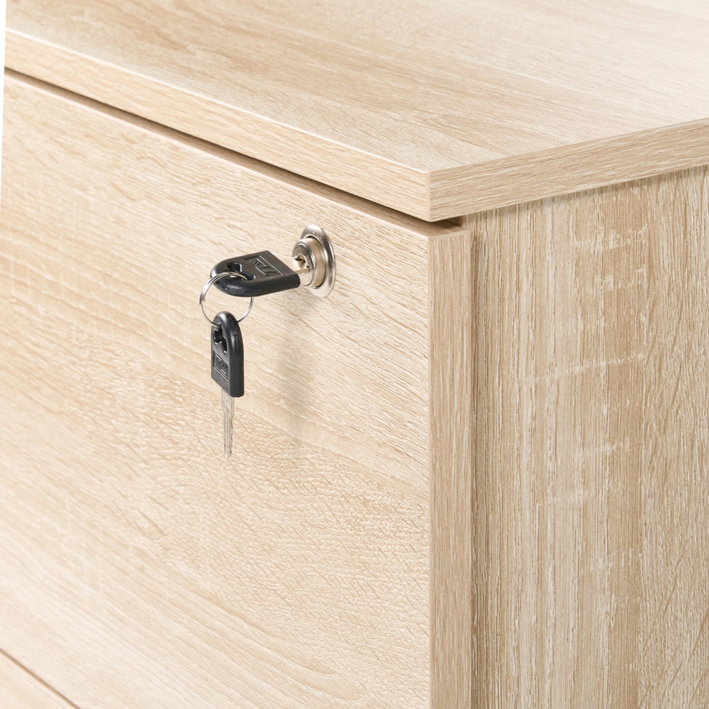 Armadietto in legno massiccio con 2 cassetti e ruote con serratura a chiave legno chiaro design moderno