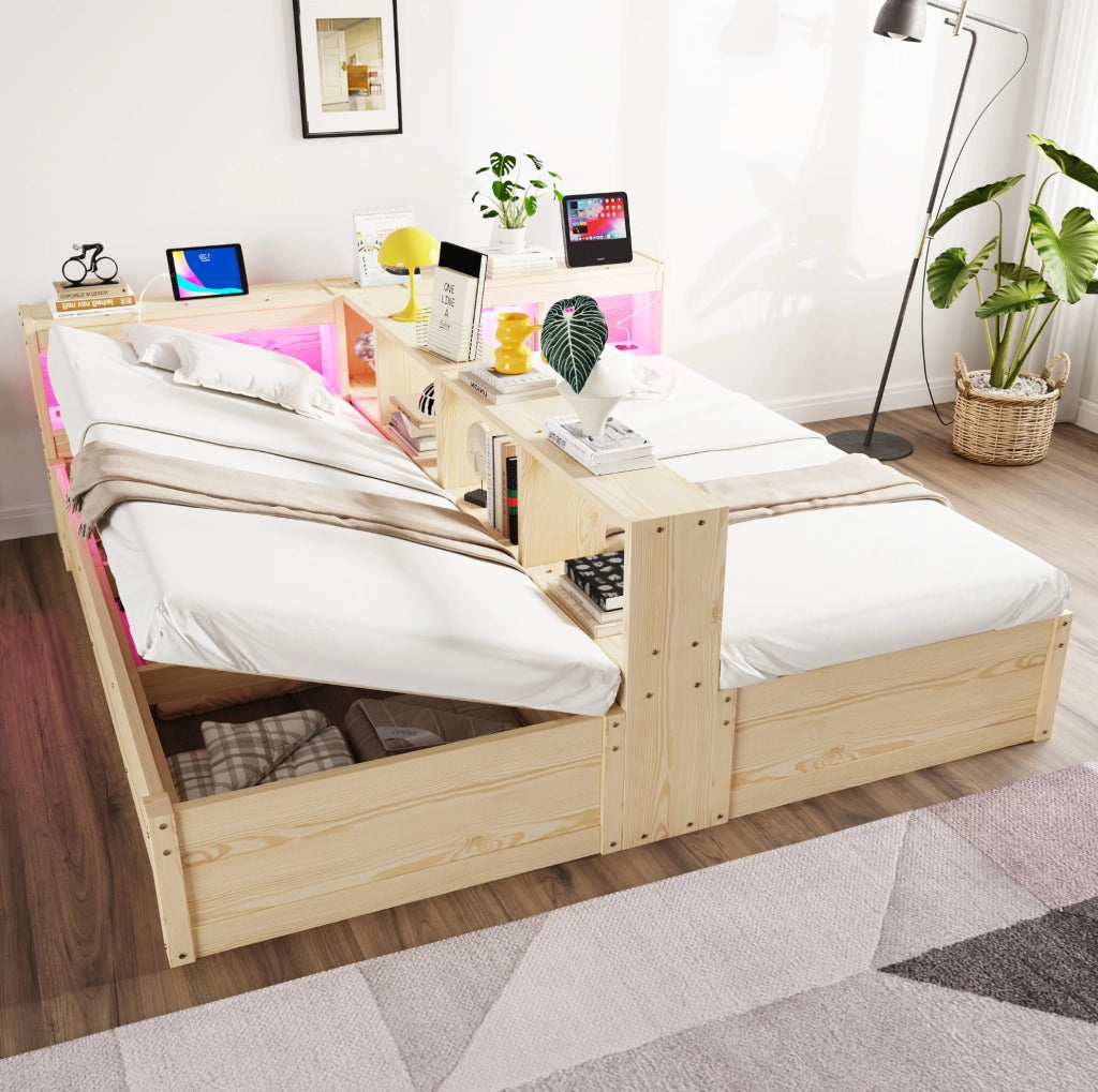 Letto multifunzione 90/180x200 cm in legno naturale con LED; prese integrate e contenitore
