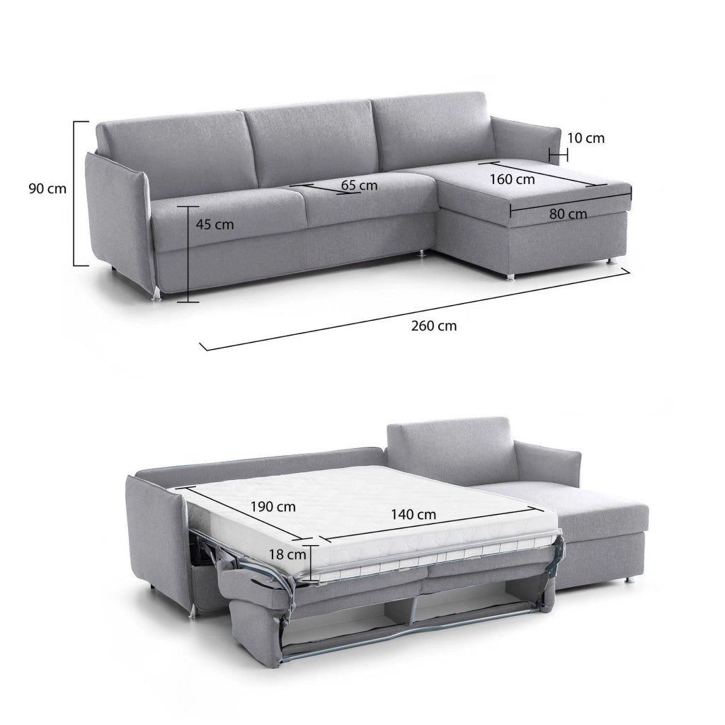 Sumirago, Divano Letto con Penisola Sfoderabile Made in Italy, 260x160 cm Grigio