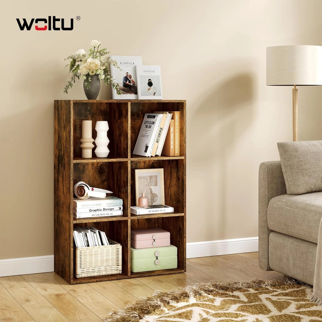 Libreria con 6 Cubi, Scaffale per Libri, Libreria Verticale per Camera da Letto, Soggiorno, Studio, Ufficio, Legno Ingegnerizzato, Marrone rustico, 59.6x29x89cm