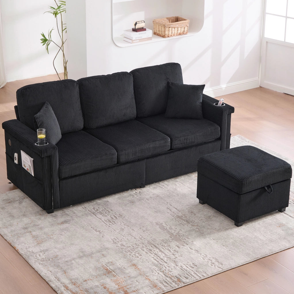 Divano 194x73x81 cm con LED; USB/TYPEC; tasche e cassetti; in velluto a coste nero