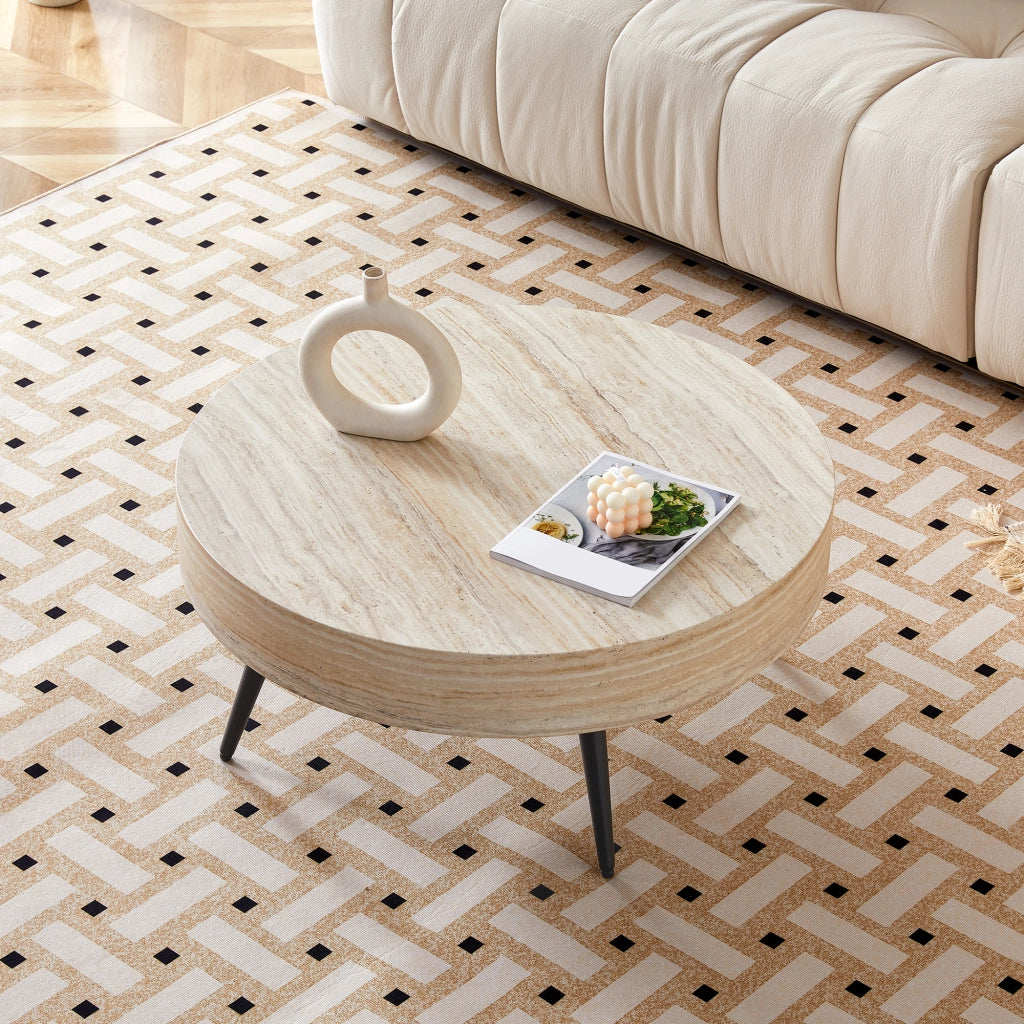 TAVOLINO DA CAFFÈ Rotondo 70 cm MDF effetto travertino chiaro, gambe nere