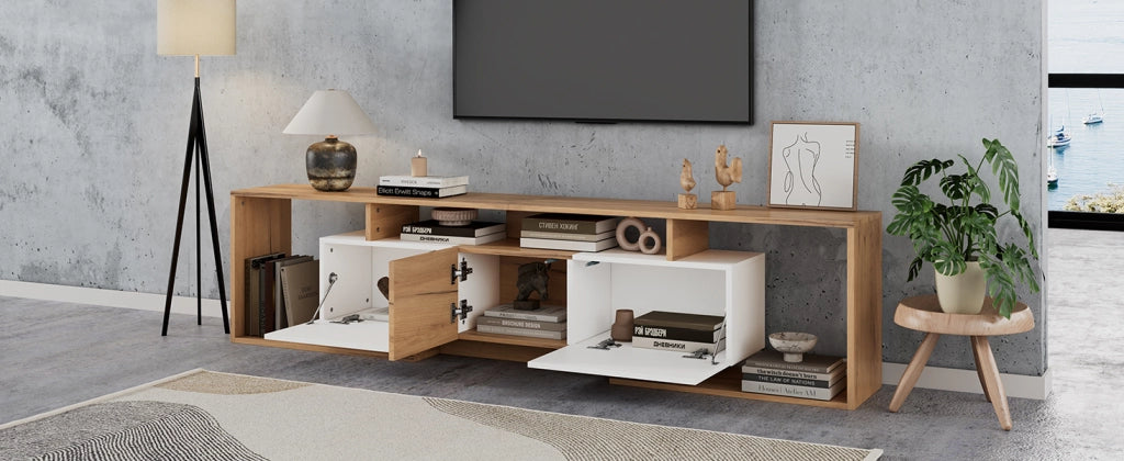 Cassettiera TV bianca e naturale in truciolare; lunghezza 180 cm