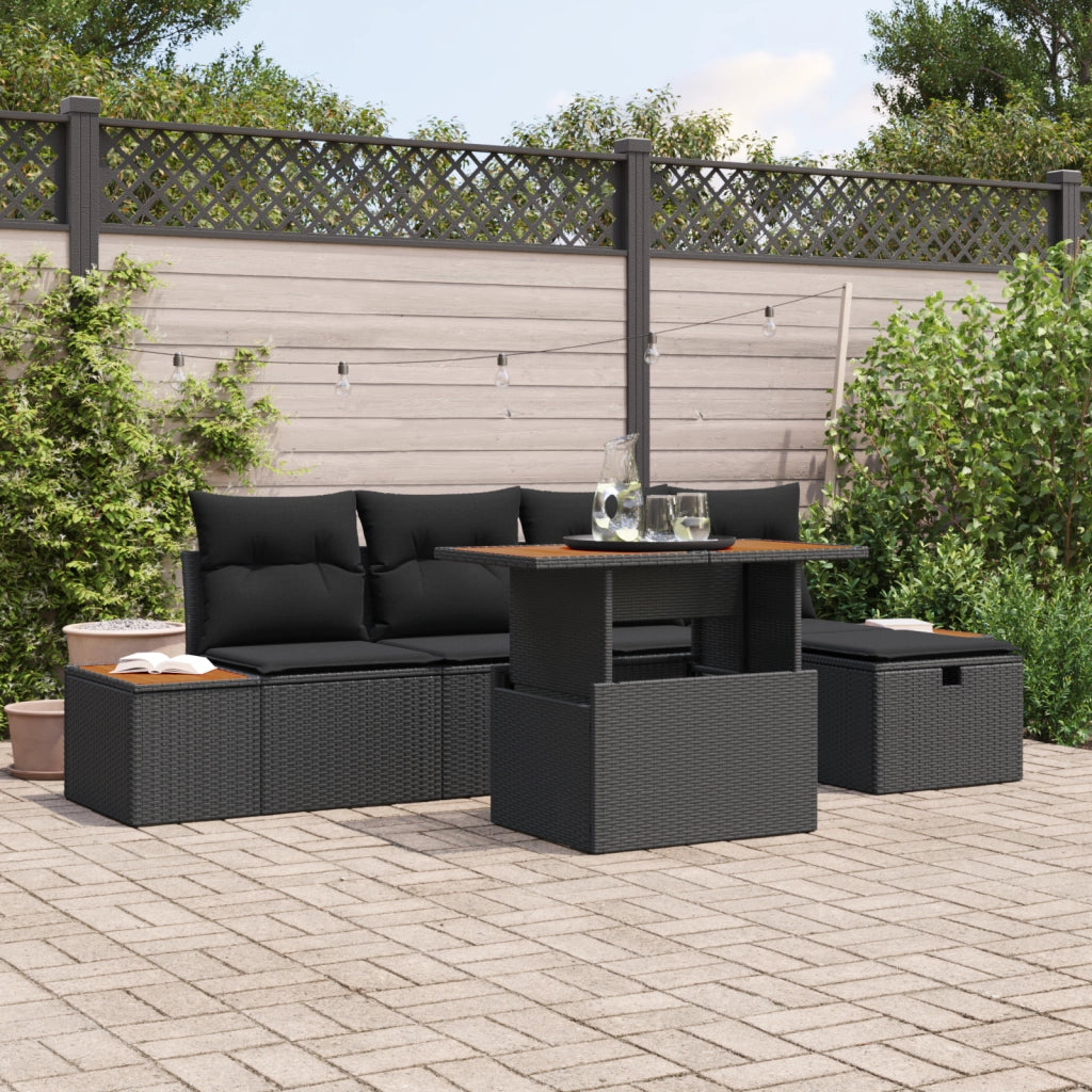 Set Divano da Giardino 6 Pezzi con Cuscini Nero Polyrattan