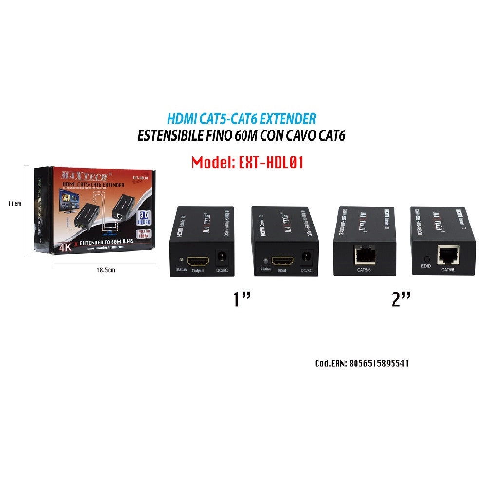 Trade Shop - Estensore Hdmi Amplificatore Segnale Video 1080p Rj45 Cat5e Cat6 60mt Maxtech Ext-hdl01 -