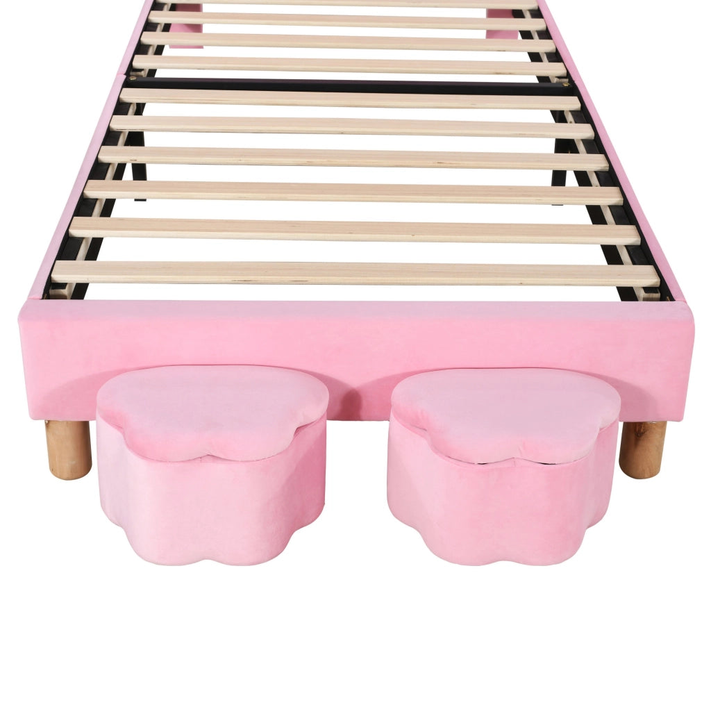 Letto singolo imbottito 90x200 cm in velluto rosa con LED; sponde contenitore e testiera regolabile