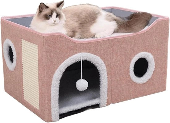 Casa per gatti pieghevole per gatti interni - Casa per gatti anti ansia cubo con cuscino a scacchi - Appartamento per gatti carino rifugio con cuscino morbido (rosa M)