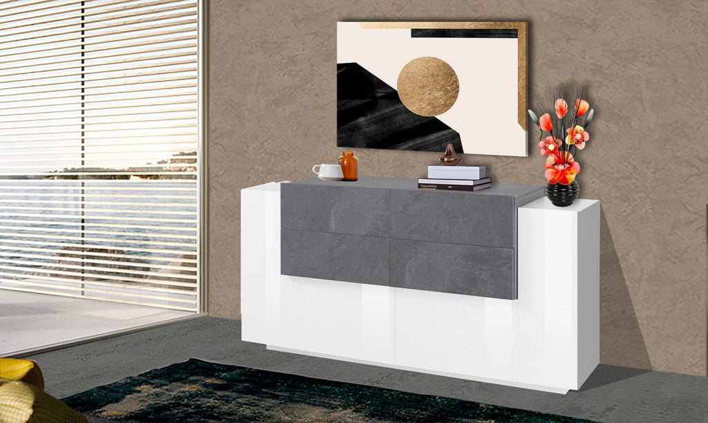 Credenza 2 Ante Battenti e 4 Cassetti 160x86x45 cm New Coro Bianco Lucido e Ardesia