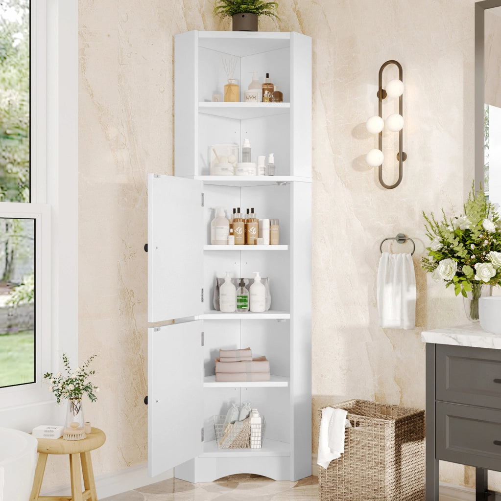 Armadio angolare da bagno triangolare in MDF bianco, 155,4 cm, 2 ante