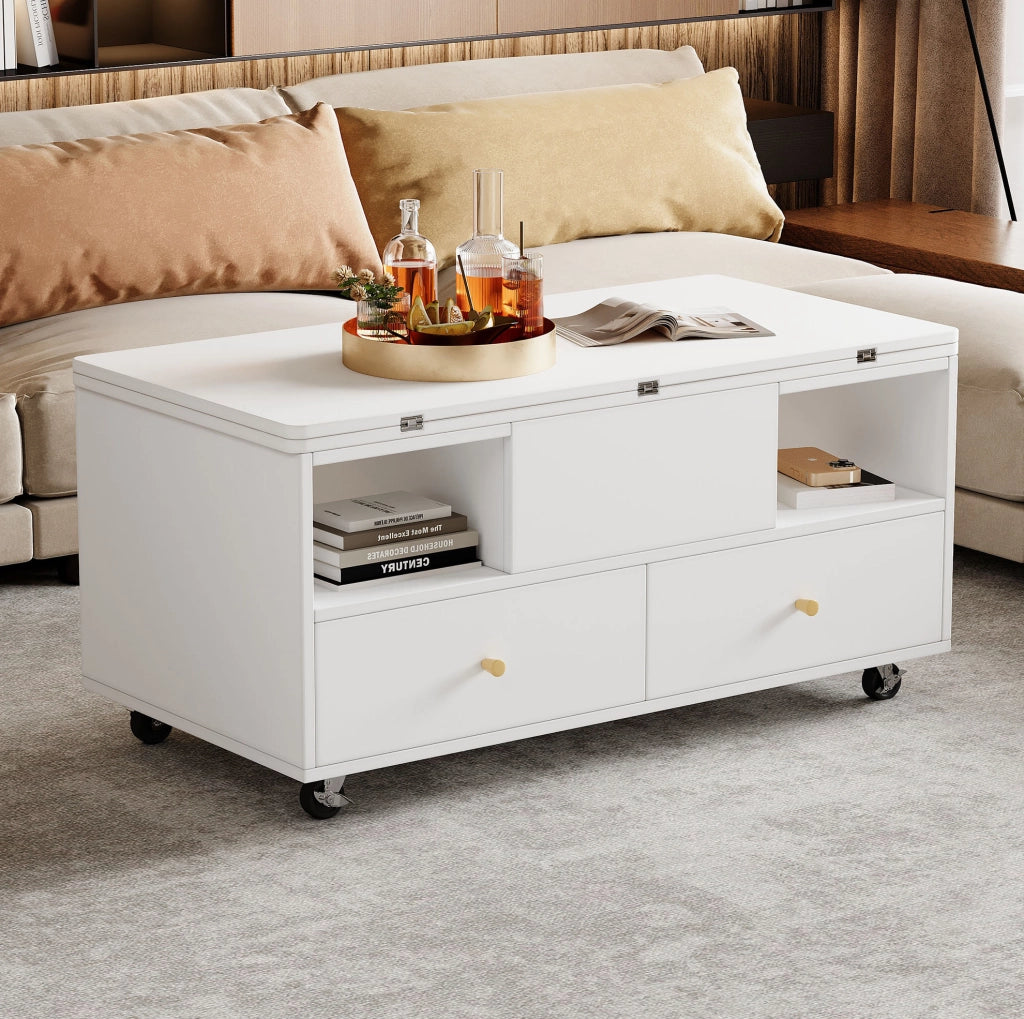 Tavolino da caffè sollevabile e pieghevole 100 x 50 x 47;5 cm in MDF bianco
