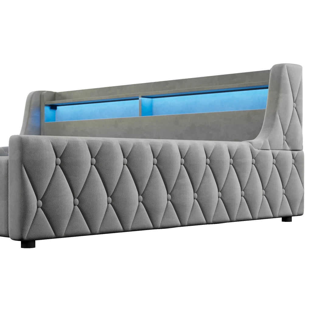 Letto imbottito 140x200 cm con contenitore e LED in flanella grigio