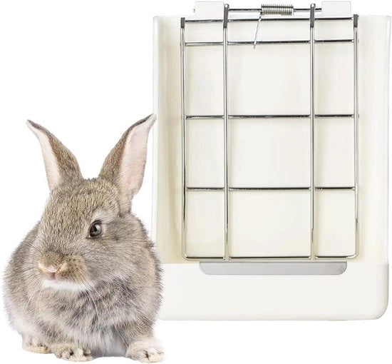 Mangiatutto per Piccoli Animali (Grata in Metallo e Plastica) - Mangiatoia per Roditori - Base di Cibo per Cavia/Chinchilla/Topi - Bianco