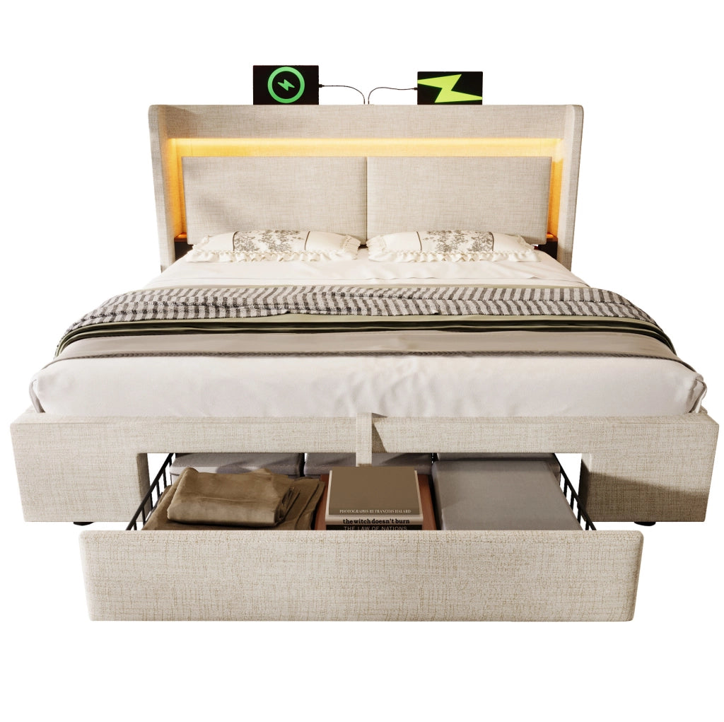 Letto contenitore imbottito 140x200 cm con materasso; LED; USB/USB-C e testiera in lino; beige