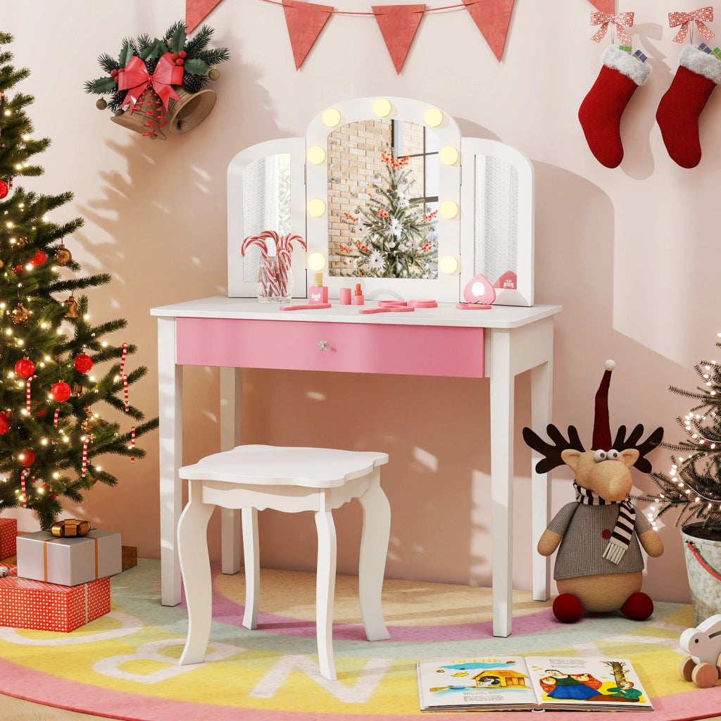 Set tavolo trucco bambini 2 in 1 principessa specchio 3 pieghe luci led-Set sgabello legno bambine 3+ anni gioco creativo regalo Bianco
