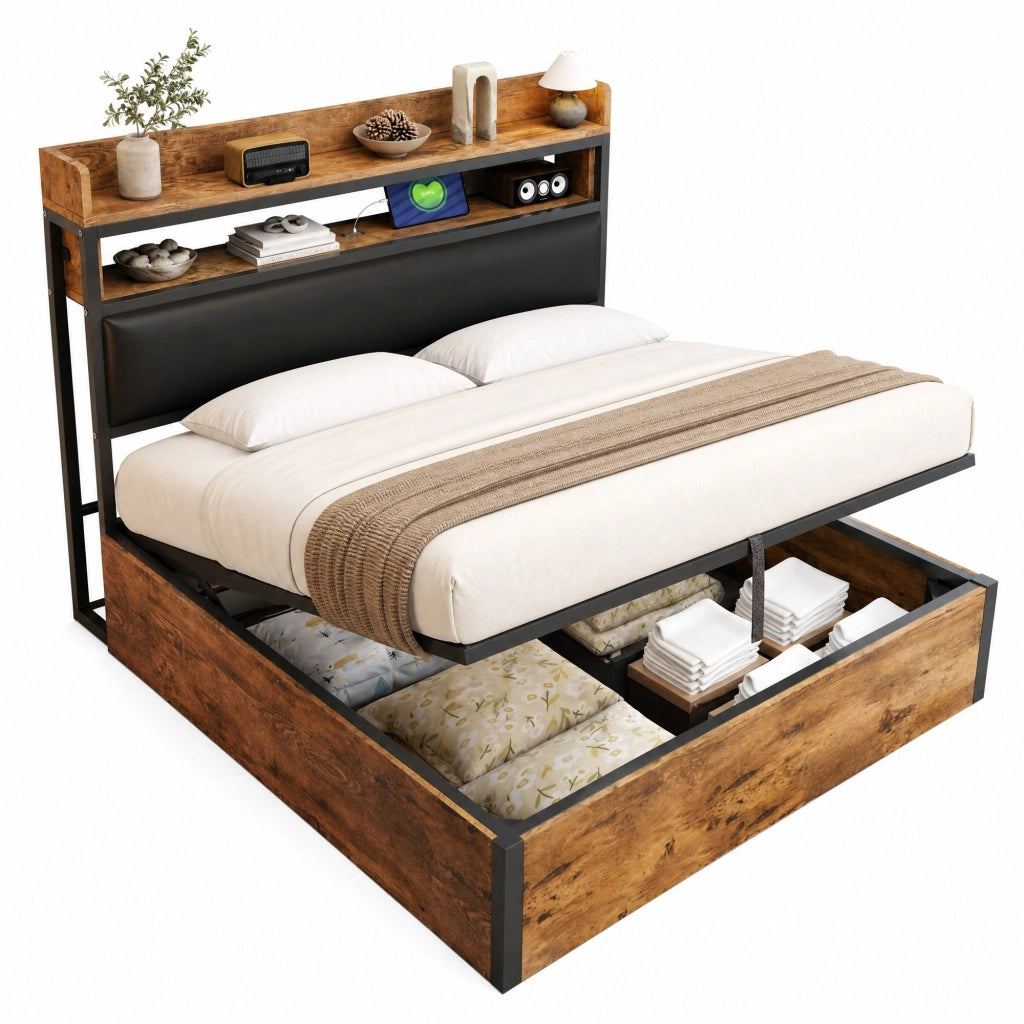 Letto contenitore 140x200 cm con USB e testiera con vano; nero